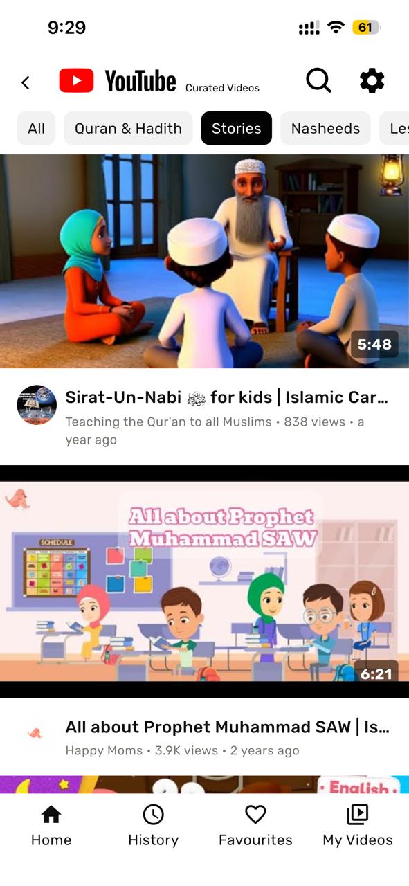 Kahf Kids app showing mufti-reviewed Islamic videos for kids