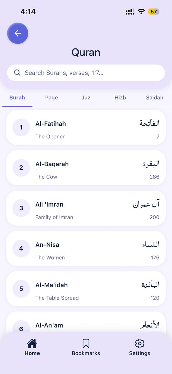 Kahf Kids Quran reader showing the surah list with Surah, Page, Juz, Hizb and Sajdah navigation tabs and a verse search bar