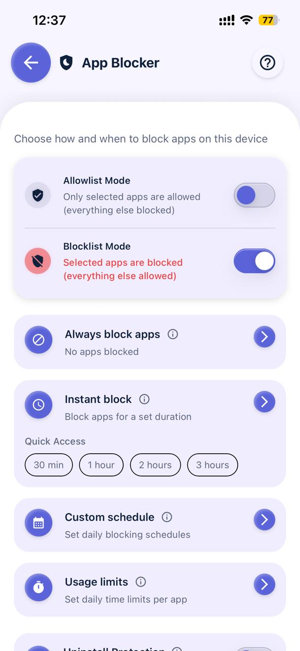 Kahf Kids App Blocker with Blocklist Mode turned on