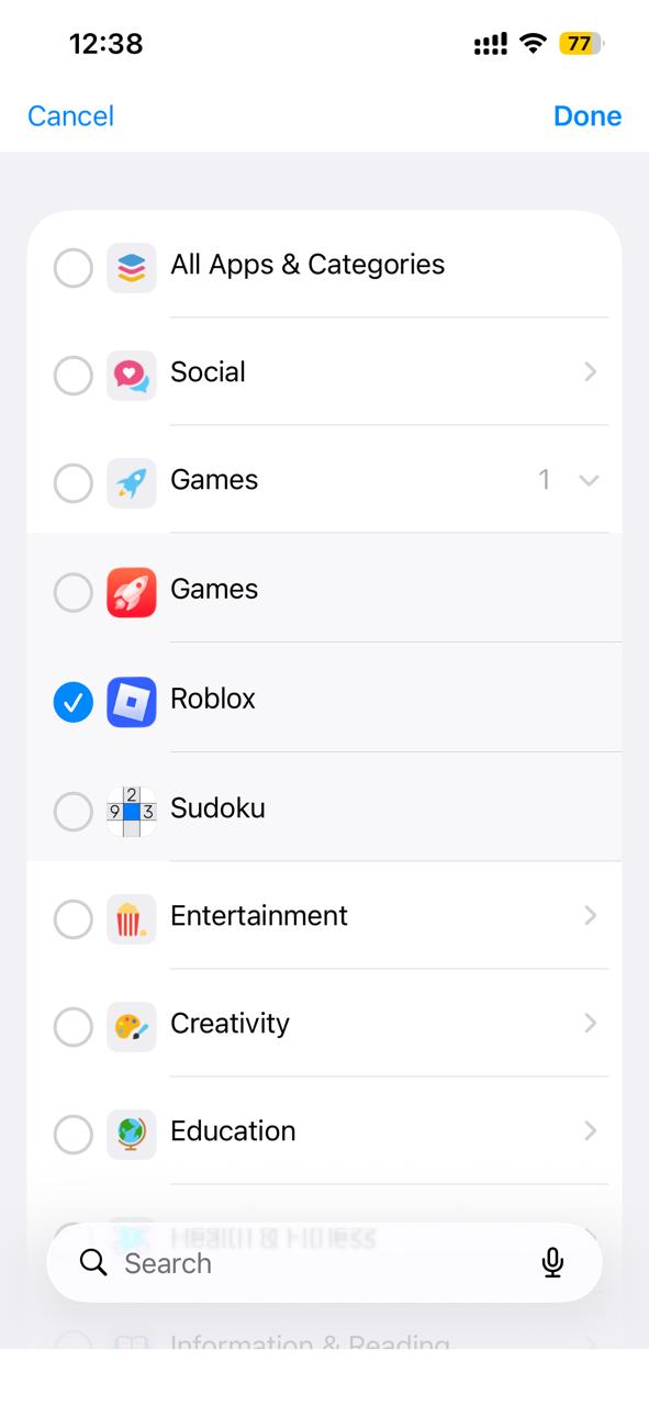 Selecting Roblox from the Games category to block it in Kahf Kids