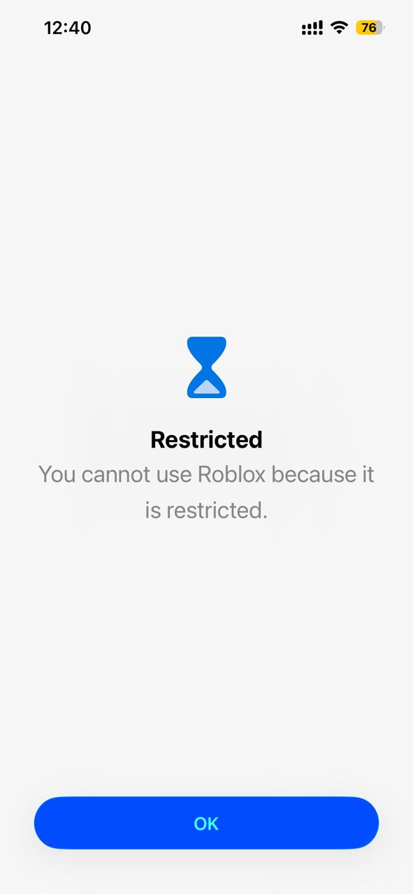 Restricted screen shown when a child tries to open blocked Roblox
