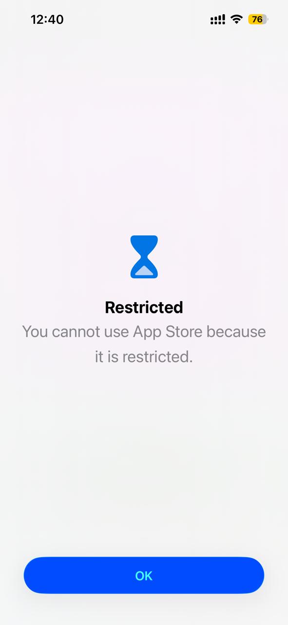 Restricted screen shown when a child tries to open the blocked App Store