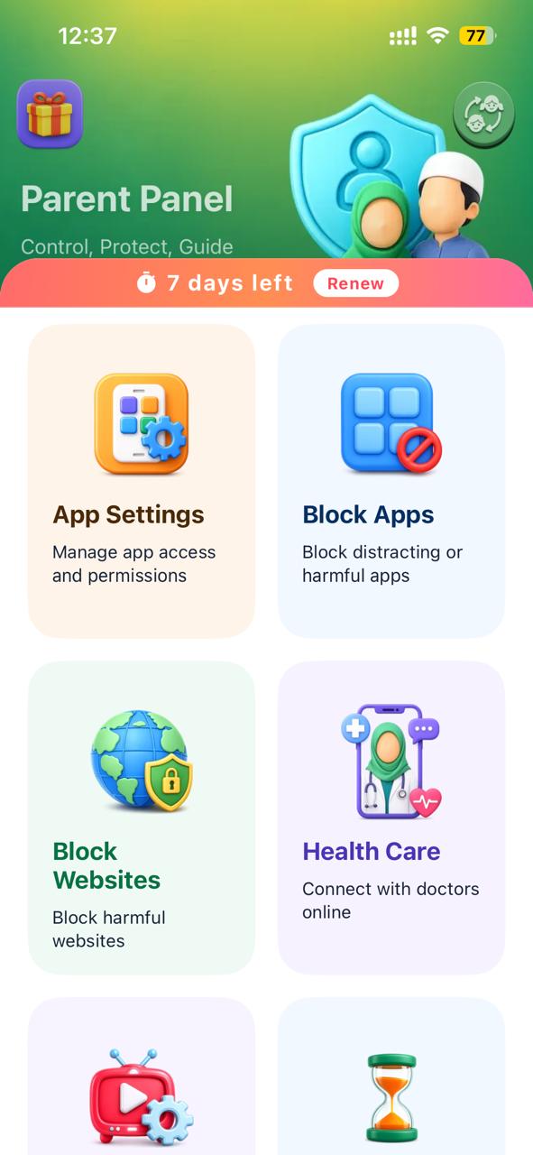 Kahf Kids Parent Panel showing the Block Apps option
