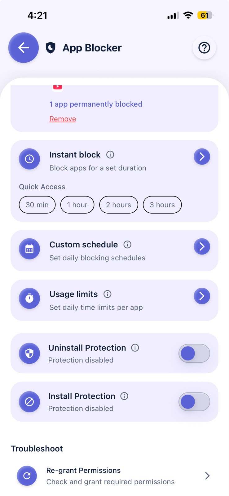 YouTube selected as a blocked app in Kahf Kids